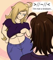 2d 2girls animated big_breasts black--wave blonde_hair breasts breasts_outside brown_hair digital_media evil_smile female female_only femdom femsub flashing_breasts gay_denial gif green_eyes humor hypnosis hypnotic_breasts large_breasts lesbian_denial light_skin long_hair maddy_(duckydaduck) midriff no_bra one_breast_out open_clothes orientation_play orientation_play_(explicit) original resisting sexuality_change shirt_lift short_hair smile smirk straight_to_gay text trippy_(trippy) underboob yuri
