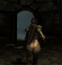 3d altmer arrow bethesda_softworks bikini_armor black_hair bow butt_crack dungeon elf female high_elf huge_ass indoor mod screencap short_hair skyrim the_elder_scrolls thong