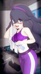 1girls 3d ass big_ass blush breasts clothed female gym gym_clothes headband hex_maniac hex_maniac_(pokemon_xy) indoors leggings light-skinned_female light_skin long_hair navel open_mouth pokemon pokemon_xy purple_eyes purple_hair rozen503 skindentation solo standing tank_top thick_thighs tired_eyes towel water_bottle