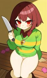 5_fingers ai_generated bangs blush_stickers bob_cut boots bottomless breasts brown_boots brown_hair brown_shirt button_shirt chara chara_(undertale) collared_shirt condom_wrapper condom_wrappers condoms curvy female green_shirt holding_knife holding_weapon indoors kitchen_knife knife long_sleeves looking_at_viewer medium_breasts multiple_condoms no_panties no_pants no_underwear nonbinary pale_skin pixai pussy red_eyes shoulder_length_hair sitting_on_stool smiling_at_viewer striped_shirt undershirt undertale undertale_(series) vagina wooden_floor wooden_stool