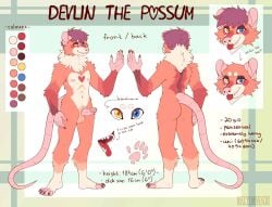american_opossum anthro ass balterrwald blue_eyes devlin_leroux english_text fur genitals hair heart_(marking) heterochromia hi_res humanoid_genitalia humanoid_penis male mammal markings marsupial model_sheet mouth_shot neck_tuft nipples nude open_mouth penis purple_hair rear_view solo stated_adult stated_age stated_height stated_sexuality tail text tongue tongue_out tuft virginia_opossum yellow_eyes