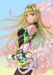 bare_shoulders black_legwear blonde_hair breasts cherry_blossoms cowboy_shot dress earrings elbow_gloves female flower gem glint gloves hikari_(xenoblade_2) jewelry large_breasts light_particles mythra nintendo ooshima_aki open_mouth pink_flower pleated_dress short_dress solo sparkle straight_hair tiara xenoblade_(series) xenoblade_chronicles_2 yellow_eyes