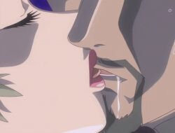 1boy 1girls 2007 american animated ass bald bare_back bible_black bible_black_new_testament black_suit blonde_hair breasts breasts_pressed crowley's_guards female formal_clothes french_kiss goatee jody's_guards kissing large_breasts lipstick makeup male midriff night no_bra revealing_clothes rubbing_crotch shin_bible_black short_hair spiked_hair suit tagme tongue tongue_out yuge_toru