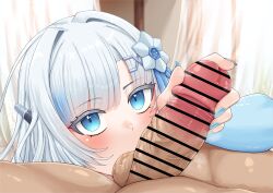 1girls balls balls_sucking bar_censor blue_eyes blue_eyes_female blue_fingernails censor_bar censored censored_penis cock dick eyebrows_visible_through_hair female genitals grabbing_penis looking_at_viewer lucienroseta penis sucking_balls testicles touching_penis vein veins veiny_penis voicevox whitecul woman