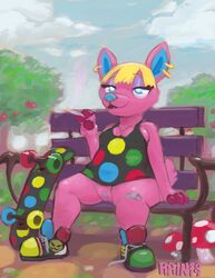 2019 absurd_res animal_crossing anthro bandage blonde_hair blue_eyes bottomless breasts casual_exposure cervid cigarette clothed clothing digital_media_(artwork) exposed eyelashes female footwear fuchsia_(animal_crossing) fur furry furry_only hair hi_res looking_at_viewer mammal nintendo open_mouth outside pink_body pussy rain420 sitting skateboard smoking solo tail topwear video_games