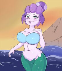 2019 blue_eyes breasts cala_maria clothed clothing color cuphead_(game) female female_only g3mma heart mermaid purple_skin solo tagme