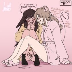 2girls after_shower bangs bathrobe bathrobe_only bathroom blush blush_lines brie_(lidipon) brown_hair bunny bunny_ears bunny_girl bunnygirl clothed comic comic_page comic_panel couple english english_text excessive_pussy_juice female female_only funny glasses having_fun helena_(lidipon) kemonomimi laugh lidipon long_hair long_sleeves masturbating masturbation mouse mouse_ears mouse_girl mouse_tail oc original original_artwork original_character original_characters oversized_clothes pussy simple_background simple_shading smile socks socks_on talking talking_to_another talking_to_partner wholesome wholesome_sex yuri