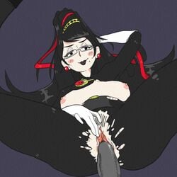 bayonetta bayonetta_(character) black_lips breasts breasts_out clothed_sex looking_at_viewer megane pov pussy simple_background spread_legs torn_clothes uncensored vaginal_penetration yaglon