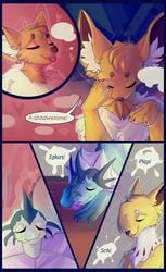 2019 absurd_res ahe_gao anthro anthrofied bodily_fluids comic cum cum_in_mouth cum_inside digital_media_(artwork) eevee eeveelution elvche feet female furry genital_fluids goo hi_res implied_sex jolteon male nintendo orgasm original_character paws pokémon_(species) pokemon pokemon_rgby purple_border sound_effects text vaporeon video_games