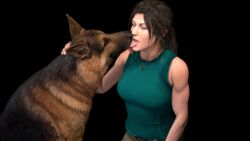 1girls 3d bestiality black_background brown_hair canine closed_eyes clothed german_shepherd lara_croft lara_croft_(survivor) tacobusternsfw tagme tomb_raider tomb_raider_(survivor) tongue_out zoophilia