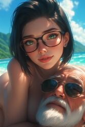 about_to_fuck about_to_have_sex ai_generated black_hair emo emo_girl emo_hair emo_haircut emo_hairstyle female glasses grandpa green_eyes holidays horny_grandpa male malin_svarre_(character) no_bra no_panties no_sex no_sex(yet) no_sex_(yet) old_male older_male older_male_and_younger_female senior seniorolder_male sugar_daddy sunglasses tropical tropical_background tropical_setting vacation white_beard