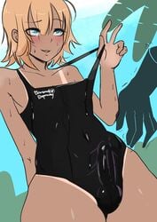 2boys blonde_hair blush bulge femboy girly kansard_depravity one-piece_swimsuit penis_under_clothes penis_under_swimsuit short_hair sweat tanline tanlines trap yaoi