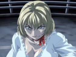 1girls 2007 american animated anime_screenshot bible_black bible_black_new_testament blonde_hair blue_eyes bow breasts choker crazy_smile dress female jody_crowley large_breasts lips nightgown reaching shin_bible_black shiny_skin short_hair smile solo tagme white_dress witch