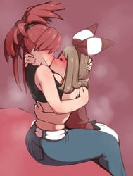 2girls back bandana big_breasts blush bow breasts brown_hair cleavage clothed clothes female female_only flannery_(pokemon) flannery_(pokemon_oras) game_freak half-closed_eyes heavy_breathing holding hug human human_only kiss kissing lesbian long_hair may_(pokemon) may_(pokemon_oras) nintendo oral pants pokemon pokemon_oras ponytail red_background red_hair shirt short_hair shorts sitting sports_bra sweat thick_thighs umonebi wet wide_hips yuri