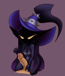 black_body black_fur bluesparrow bodily_fluids breasts clothing cum cum_on_breasts disembodied_penis empty_eyes female front_view fur genital_fluids genitals hair hat headgear headwear hi_res human humanoid humanoid_pointy_ears kneeling league_of_legends leaking_cum long_hair male male/female mammal nipples nude obscured_face penis pointy_ears purple_background purple_clothing purple_hair purple_hat purple_headwear purple_nipples riot_games rule_63 short_stack simple_background solo tencent thick_thighs veigar wide_hips witch_hat yellow_eyes yordle