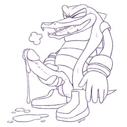 2019 anthro balls big_balls big_penis bodily_fluids boots breath closed_eyes clothing crocodile crocodilian crocodylid cum cum_drip cum_on_ground digital_media_(artwork) dripping ejaculation excito footwear genital_fluids male male_only masturbation monochrome mostly_nude open_mouth penile penile_masturbation penis reptile scalie sharp_teeth signature solo sonic_(series) standing sweat teeth vector_the_crocodile