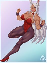 1girls 2023 absurd_res bent_leg big_breasts boku_no_hero_academia bunny_ears bunny_girl bunnysuit dark-skinned_female dark_skin detached_collar female female_only heels long_hair looking_at_viewer miruko muscles muscular muscular_female my_hero_academia neck_ribbon pantyhose red_clothing red_eyes rumi_usagiyama smiling smiling_at_viewer solo souladdicted usagiyama_rumi white_hair wrist_cuffs