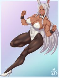 1girls 2023 absurd_res bent_leg big_breasts boku_no_hero_academia bunny_ears bunny_girl bunnysuit dark-skinned_female dark_skin detached_collar female female_only heels long_hair looking_at_viewer miruko muscles muscular muscular_female my_hero_academia neck_ribbon pantyhose red_eyes rumi_usagiyama smiling smiling_at_viewer solo souladdicted usagiyama_rumi white_clothing white_hair wrist_cuffs