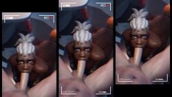 1boy 1girls 3d blowjob blue_eyes camera camera_pov camera_view cyborg cyborg_girl dark-skinned_female dark_skin dreadlocks female grey_hair light-skinned_male light_skin looking_at_camera looking_at_viewer male naked naked_female naked_male nude nude_female nude_male overwatch overwatch_2 penis sojourn_(overwatch) sucking sucking_penis