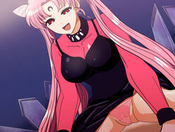 aged_up big_breasts bishoujo_senshi_sailor_moon black_lady breasts chibi_usa cleavage clothed clothed_female clothing dress dress_aside female female_only forehead_mark jewelry legs_apart looking_down male_pov nijinoren open_mouth panties pantyshot pink_hair pink_panties pov pussy red_eyes sheer sheer_clothing small_breasts smile solo spread_legs straddling twintails unseen_male_face vulva