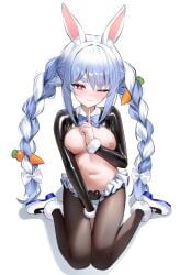 1girls belly_button blue_hair blush braid braided_hair braided_twintails breasts breasts_out bunny_ears bunnysuit carrot carrot_hair_ornament female female_focus female_only heart-shaped_pupils high_resolution highres hololive kneeling long_hair looking_at_viewer multicolored_hair pantyhose pasties pink_eyes reverse_bunnysuit shoes shuvi_(shuvi1125) sitting small_breasts smile solo stomach tied_hair twin_braids twintails usada_pekora virtual_youtuber white_background white_hair
