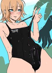 2boys 2d 2d_(artwork) black_one-piece_swimsuit blonde_femboy blonde_hair blonde_hair_male blue_eyes blush bulge femboy girly kansard_depravity light-skinned_male light_skin offscreen_character one-piece_swimsuit penis_under_clothes penis_under_swimsuit short_hair sweat trap yaoi