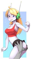 ass ass_grab blonde_hair cave_story cleavage cowgirl_position crop_top curly_brace groping headphones miniskirt nickleflick pale robot simple_background solo standing tank_top wamudraws