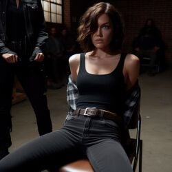1girls 3d ai_generated brown_hair chair female green_eyes lauren_cohan light-skinned_female light_skin maggie_greene short_hair sitting sitting_on_chair t-shirt the_walking_dead the_walking_dead_(series) tied_hands
