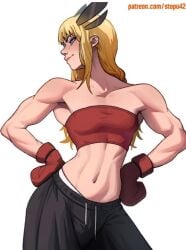 2025 athletic black_bottomwear black_clothing blonde_hair bottomwear digital_media_(artwork) female fit gloves instagram_link light_skin long_hair looking_at_side magik_(illyana_rasputin) marvel marvel_comics no_ai patreon_url patreon_username red_clothing red_topwear solo stopu strapless top topwear tubetop white_background