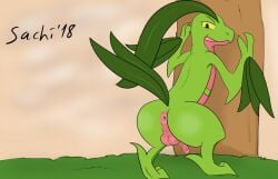 anus ass balls big_butt digital_media_(artwork) feral feral_male feral_only generation_3_pokemon genitals green_body grovyle humanoid_genitalia humanoid_penis leaf leaf_hair leaf_tail looking_at_viewer looking_back looking_back_at_viewer male male_feral male_only multicolored_body nintendo penis plant plant_hair pokemon pokemon_(species) pseudo_hair red_body sachiko_(artist) semi-anthro smile solo solo_feral solo_male tail tongue tongue_out two_tone_body