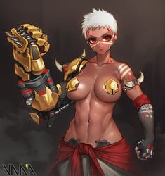 1girls abs arm_at_side armlet artist_name baggy_pants bare_shoulders biceps blizzard_entertainment bodypaint breasts breasts_apart brown_lipstick clavicle clenched_hand clenched_hands covered_nipples cowboy_shot cyborg dark-skinned_female dark_skin doomfist doomfist_(female) elbow_gloves eyelashes facepaint facial_mark female female_only female_solo fingerless_gloves genderswap_(mtf) gloves groin hand_up headgear jewelry large_breasts lips lipstick looking_at_viewer makeup midriff muscular muscular_female navel overwatch pants parted_lips pasties power_fist red_eyes robot_ears rule_63 short_hair shoulder_spikes solo spikes standing stomach thighs toned topless upper_body vana very_dark_skin white_hair white_pants