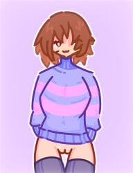 brown_hair female female_frisk female_only frisk frisk_(undertale) from_front front_view human medium_breasts pussy redesign self_upload simple_background small_butt solo solo_female sweater tagme thighhighs undertale vexeld