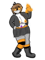 big_breasts breasts chubby chubby_female female female_only murder_drones orange_eyes original pubic_tattoo robot robot_girl robot_humanoid smug smug_face smug_grin tattoo
