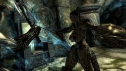 altmer bethesda_softworks bikini_armor black_hair cleavage draugr elf female game_screenshot large_breasts mod monster screencap shield short_hair skyrim sword the_elder_scrolls thick_thighs