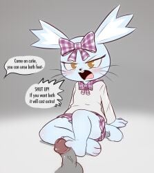 3_toes absurd_res accessory aggressive_retsuko aggretsuko angry anthro argument barefoot blush bottomwear bow_ribbon buckteeth chinchilla chinchillid clothing dialogue duo e254e english_text feet female flat_chested foot_fetish foot_play footjob hair_accessory hair_ribbon hairbow hi_res male male/female mammal manaka_(aggretsuko) ribbons rodent sanrio school_uniform sex skirt tail teeth text toes uniform whiskers