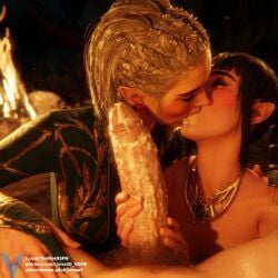 1boy 2girls 3d 3d_render baldur's_gate baldur's_gate_3 balls bisexual bisexual_female black_hair blush braided_ponytail closed_eyes cum cum_in_mouth cum_on_face cum_swap dungeons_and_dragons elf female ffm_threesome hairy_balls huge_cock jaheira kissing light-skinned_male long_hair male multiple_girls necklace night penis pointy_ears scar shadowheart the_vice_art threesome veiny_penis white_hair