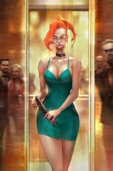 1girls blue_dress breast_showing breasts clothed clothed_female clothing comic comic_cover disguise disguised_female dress earlobes elevator female firearm g.i._joe ginger ginger_female ginger_hair glasses green_dress gun handgun human ivan_tao light-skinned_female light_skin long_neck male multiple_boys multiple_females multiple_girls multiple_males official_art orange_hair pale-skinned_female pale_skin ponytail scarlett_(g.i._joe) solo solo_female solo_focus spy suppressor textless textless_version turquoise_dress