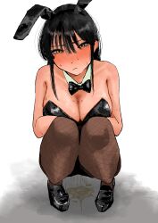 1girls bare_shoulders black_bow black_bowtie black_footwear black_hair blush bow bowtie breasts bunny_ears bunny_girl bunnysuit cleavage detached_collar female fishnet_legwear fishnets kaimu_0720 large_breasts looking_at_viewer omorashi original original_character pee_puddle pee_squat_outdoors peeing peeing_self playboy_bunny puddle solo solo_female solo_focus squatting sweat wetting wetting_self
