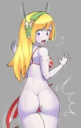 ass bikini blade_strangers blonde_hair bottomless cave_story cowboy_shot curly_brace female grey_background headphones jpeg_artifacts nickleflick pale robot solo surprised wamudraws wardrobe_malfunction