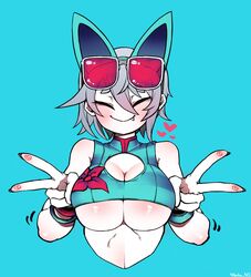 animal_ears babo bust cleavage closed_eyes clothed cute_fang double_v eyes_closed female ginseng_(artist) large_breasts pale peace_sign portrait simple_background smile solo sunglasses_on_head underwear v v_sign