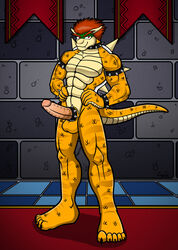 1boy 2009 balls bowser cock_ring erection full_body hands_on_hips hi_res indoors koopa looking_at_viewer male male_only mario_(series) nintendo penis red_eyes saillestraife scalie smile solo standing tail testicles video_games