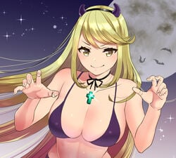 bare_arms bare_shoulders bat bikini bikini_top black_choker black_hairband black_ribbon blonde_hair breasts choker cleavage closed_mouth collarbone eyebrows_visible_through_hair fake_horns female fingernails full_moon glint hairband hands_up hikari_(xenoblade_2) large_breasts looking_at_viewer midriff moon mythra nintendo ooshima_aki purple_bikini_top ribbon ribbon_choker smile solo sparkle straight_hair swimwear v-shaped_eyebrows xenoblade_(series) xenoblade_chronicles_2 yellow_eyes