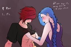 2d 2girls abs arcane arcane_jinx arcane_vi black_lipstick blue_hair blush braided_hair braids breasts dialogue english_text female female_only groping groping_breasts incest jinx_(league_of_legends) league_of_legends long_hair muscular muscular_female pink_eyes red_hair shirt_lift short_hair siblings sisters tattoo unknownerror54 very_long_hair vi yuri