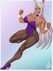 1girls 2023 absurd_res bent_leg big_breasts boku_no_hero_academia bunny_ears bunny_girl bunnysuit dark-skinned_female dark_skin detached_collar female female_only heels long_hair looking_at_viewer miruko muscles muscular muscular_female my_hero_academia neck_ribbon pantyhose purple_clothing red_eyes rumi_usagiyama smiling smiling_at_viewer solo souladdicted usagiyama_rumi white_hair wrist_cuffs