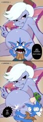 1girls 2koma anus artist_name ass blank_background completely_nude completely_nude_female dialogue earring female gerezek goggles_on_head league_of_legends nude nude_female obscured_pussy peace_sign pinup pussy rumble_(lol) shortstack tagme teasing text_bubble tristana vagina white-haired_female white_hair white_hair_female yordle