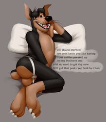 2019 anthro ass buddy_thunderstruck_(character) buddy_thunderstruck_(series) canid canine canis clothing concupisco domestic_dog english_text jockstrap lying male male_only mammal on_side pillow solo text underwear whiskers