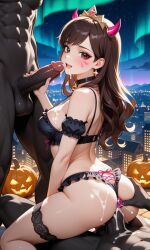 1girls ai_generated anal_insertion anal_masturbation anal_toy aurora brown_eyes brown_hair brunette_female brunette_hair buttplug d.va fellatio female gangbang genshin_impact halloween halloween_costume halloween_theme hilichurls_(species) lingerie long_hair male multiple_boys multiple_males outdoors overwatch sex_toy sex_toy_in_ass sex_toy_insertion size_difference stockings wavy_hair