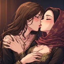 ai ai_generated big_breasts breasts christian christian_on_muslim christianity clothed cross female hijab islam kissing muslim muslim_female passionate