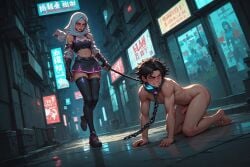 ai ai_generated all_fours arab bending_over chains collar cyberpunk_2077 drag female male naked short_skirt slave