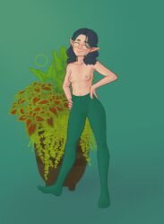 1girls 2022 bare_legs bare_shoulders blue_hair breasts closed_eyes disney elf_ears exposed_breasts female ghost_nipples glasses gold_frame_glasses green_highlights green_legwear green_tights hands_on_hips legwear_only light-skinned_female light_skin navel no_shirt osomin plant potted_plant round_glasses small_areola small_breasts smile solid_color_background solo solo_female standing the_owl_house tights_only topless topless_female two-tone_hair willow_park witch